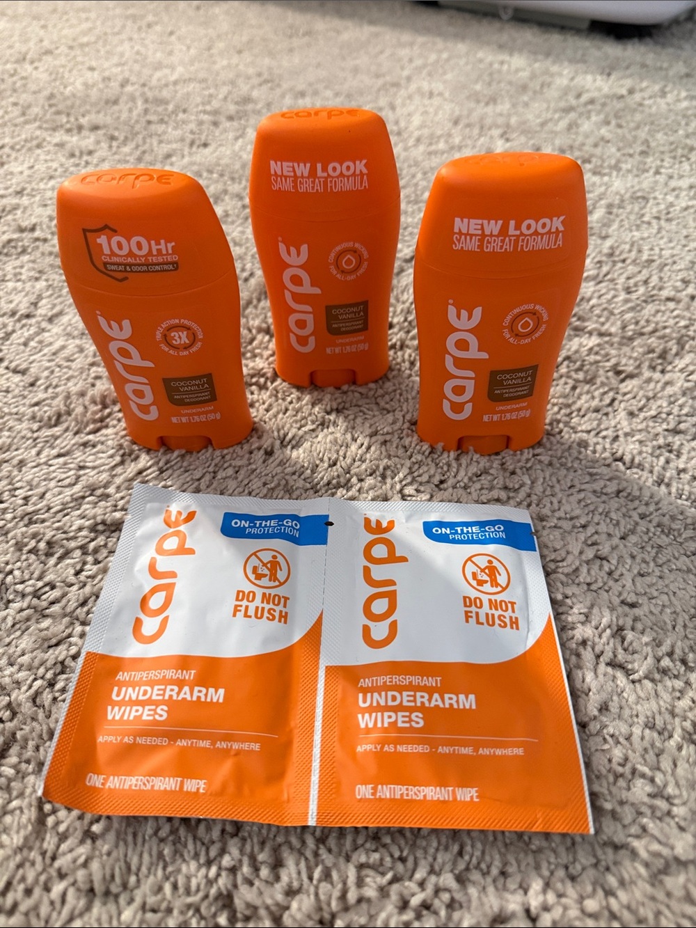 Carpe Antiperspirant Sticks (3) & Underarm Wipes Pack BRAND NEW